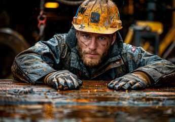 Wall Mural - Dirty oil worker is working on dirty oil rig floor in the rain