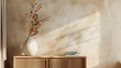 © Generative AI - Interior design of aesthetic living room interior with copy space wooden sideboard vase with leaves books modern sculpture beige wall with stucco and personal accessories Home decor Te : Generative AI