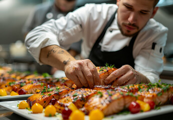 Wall Mural - Chef preparing salmon fillet in restaurant kitchen