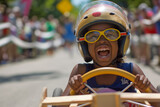 Fototapeta Londyn - Young girl driving a go-kart on a street, AI-generated.