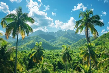 Wall Mural - Palm Tree Forest in Tropical Paradise: Lush greenery with clear blue skies