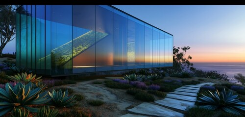 Wall Mural - The silhouette of a futuristic home with a dynamic glass exterior, changing hues for privacy amidst a minimalist garden of succulents and sandstone paths, under the last light of dusk.