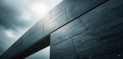 Wall Mural - The sleek, dark grey slate facade of a contemporary house, the rain having just ceased, leaving the surface dotted with bright droplets that catch the gentle.