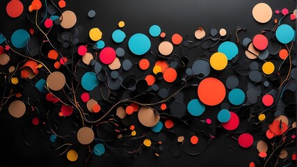 Wall Mural - A black background, black borders around the image's edges, and a black border at the bottom encircle this vibrant abstract artwork including dots and leaves. Generic artificial intelligence