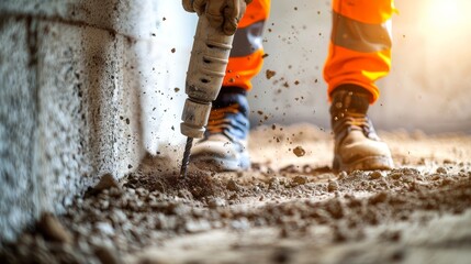 Close-up image of drilling and digging the ground with a power-saving machine.