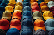 © Vovmar - A background of many colored bright caps, baseball caps without inscriptions or patterns. Generated by artificial intelligence