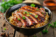 Close-up of a bowl of roasted duck noodles, focusing on the succulent slices of duck, glistening with a perfect glaze atop a tangle of fresh, 