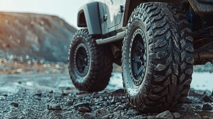 Close-up of a black off-road truck with large all-terrain tires on a gravel road, Pickup car are stopped on a dirt road, from a low-angle view. Gravel road and space for a text