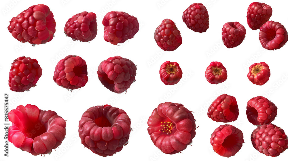 Raspberries: Various angles of clusters and individual berries, some ...