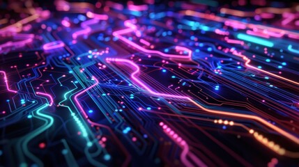 Wall Mural - Closeup circuit board with colorful neon lines technology. AI generated image