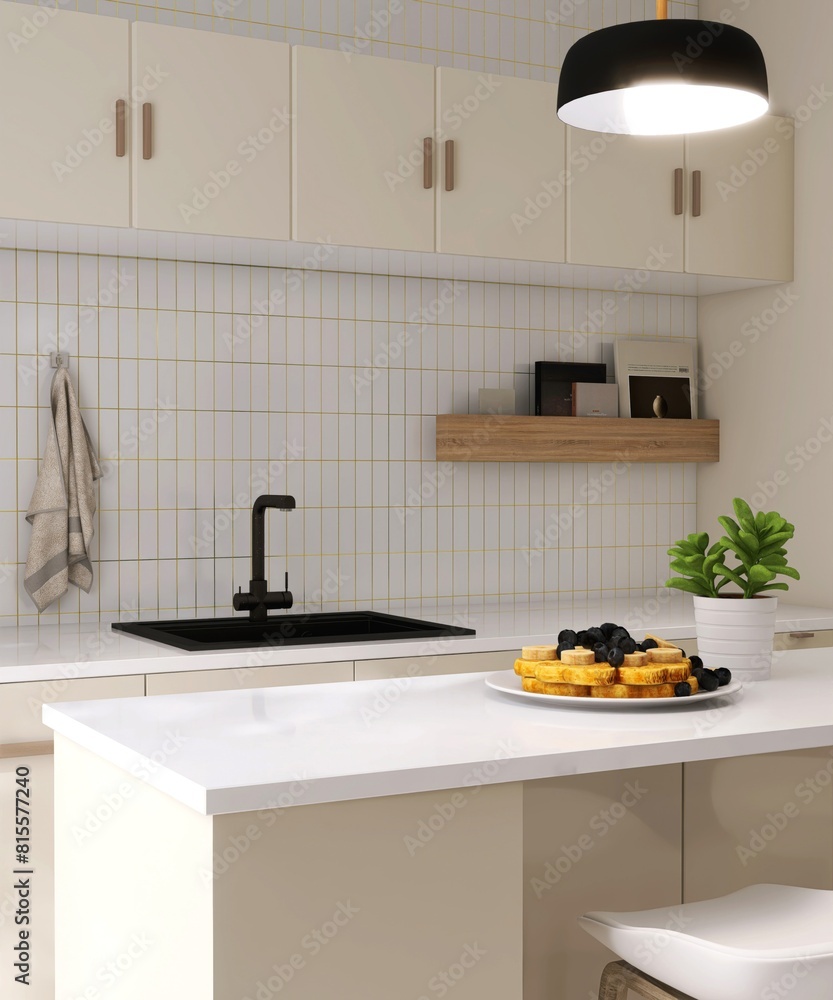 Modern, luxury kitchen with ivory cream built in cabinet, cupboard ...