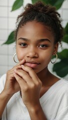 Wall Mural - Happy young beautiful African American woman taking care of her facial skin.