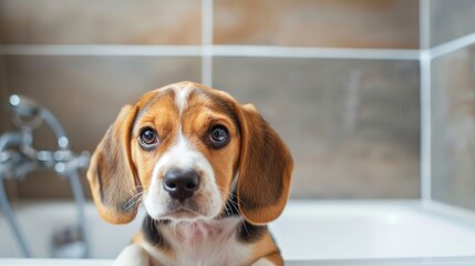 Sticker - Adorable Beagle puppy close to bathtub in a bathroom