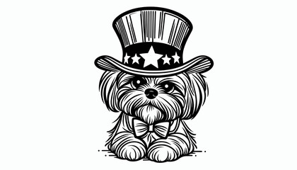 Shih Tzu Dog 4th July Line Art Memorial Day Clip Art Animal Patriotic with American Flag Celebration USA (United State) Art Cute Cartoon For Independence Day