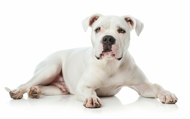 A serene white American Bulldog sits with poise, showcasing its muscular build and gentle demeanor. Its soft white coat provides a stark contrast to the stark white backdrop.