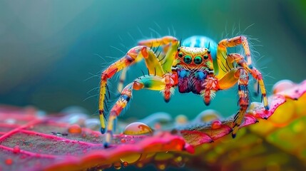 colorful spider on a leaf, macro photography