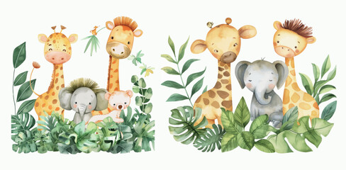 Poster - Animated watercolor illustration of safari animals in a tropical garden