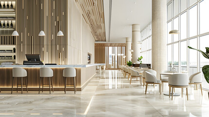 Leinwandbilder - Light wooden and marble tile floor interior of modern cafe with double ceiling height Lobby bar in luxury design hotel hall with second split level : Generative AI