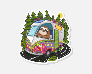 Poster - Sloth driving a camper van in nature vector, Generative AI