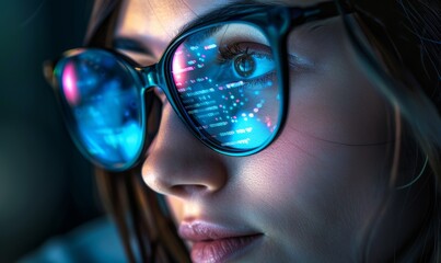 Focused female developer coder wears glasses working on computer looking at code and data on computer screen