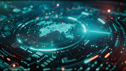 Fototapete - 3D rendering circle head up display with map graph bar element for futuristic cyber technology concept with dark and grainy effects