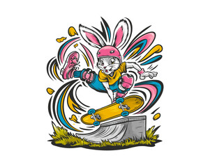 Sticker - Rabbit skateboarding with awesome tricks vector, Generative AI