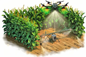 Wall Mural - Unmanned drone technology enhances smart farming through aerial agricultural research, using vehicles to seed and water fields