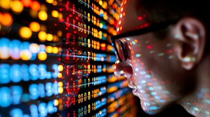 Reflection of eyeglasses on programmer s face analyzing big data on computer screen