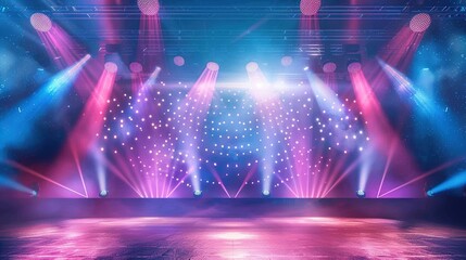 Wall Mural - A large stage with bright pink and purple lights shining down.