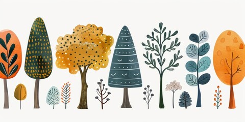 Doodle childrens trees. Primitive forest plants, childish simple woods with shrubs in naive style. illustration