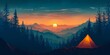 tourist tent camping in mountains at sunset illustration