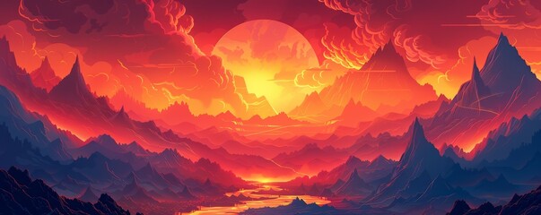 Wall Mural - A mystical realm of fire and brimstone, where molten rivers flow through jagged peaks and fiery volcanoes erupt against the backdrop of a blood-red sky.   illustration.