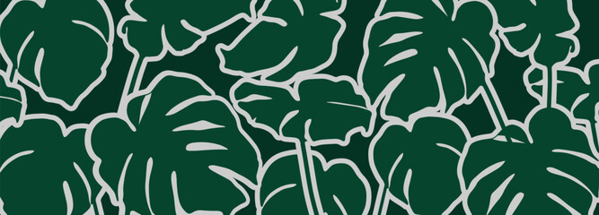 Wall Mural - Green tropical vector background with monstera leaves.