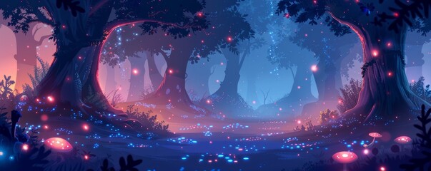 Wall Mural - A mystical forest grove with ancient trees intertwined with glowing bioluminescent fungi.   illustration.