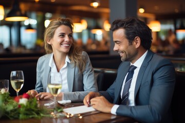 Couple and Business man and woman meeting business in restaurant looking