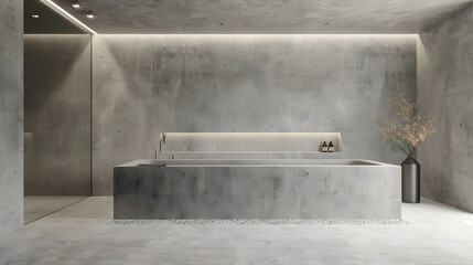 minimalist bathroom interior concrete floor and gray and beige walls bathroom cabinet bathtub : Generative AI