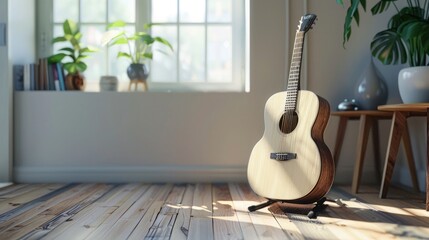 Acoustic guitar in the living room. Music concept. Vintage style