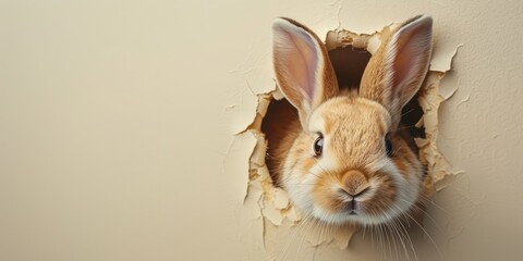 Poster - Easter bunny peeking out of a hole on cream color background. illustration