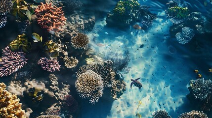 Wall Mural - Sea Coral Turtle Underwater World Top view for 3d floors water nature fish sea coral egypt red sea : Generative AI