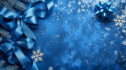 beautiful blue happy christmas card, winter holiday background, decoration postcard with snowflakes and ribbon