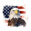 An eagle and the American flag on a white background. An eagle with the USA flag illustration. Independence Day card. Watercolor illustration. July 4th card.