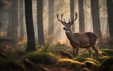 Wall Mural - Calm deer in a misty forest, early morning light filtering through the trees. Quiet, serene, and natural