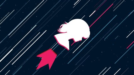 Wall Mural - Woman face profile symbol flies through the universe on a jet propulsion. The symbol in the center is shaking due to high speed. Seamless looped 4k animation on dark blue background with stars