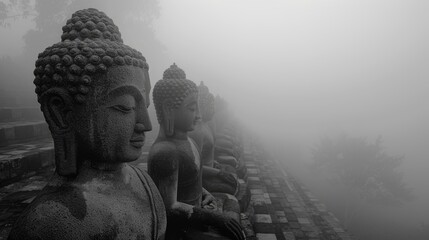 The image is a black and white photo of a row of stone Buddha statues in a temple. The statues are partially obscured by fog.