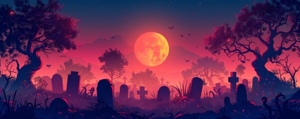 Wall Mural - A paranormal scene depicting a haunted graveyard at midnight, with spectral figures rising from their graves to dance beneath the light of the full moon.   illustration.