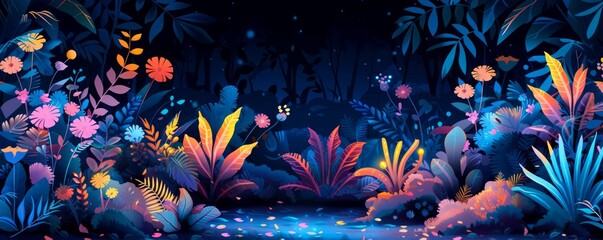 Wall Mural - A bioengineered paradise with glowing flora and fauna, where bioluminescent plants light up the night and genetically-modified creatures roam free.   illustration.