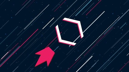 Wall Mural - Angle brackets symbol flies through the universe on a jet propulsion. The symbol in the center is shaking due to high speed. Seamless looped 4k animation on dark blue background with stars