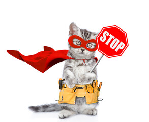 Cute kitten wearing red superhero costume and tool belt standing on hiund legs and looking at camera. Isolated on white background