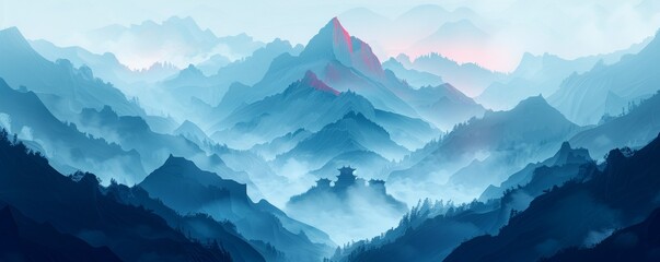 Wall Mural - A hidden temple nestled atop a mist-shrouded mountain peak, its ancient architecture a testament to the wisdom of lost civilizations.   illustration.