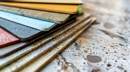 Aufkleber - palette of colors designs for interior works samples of plastics PVC for furnishing artificial stone perforated metal coated with a polymer and architectural plans for houses : Generative AI